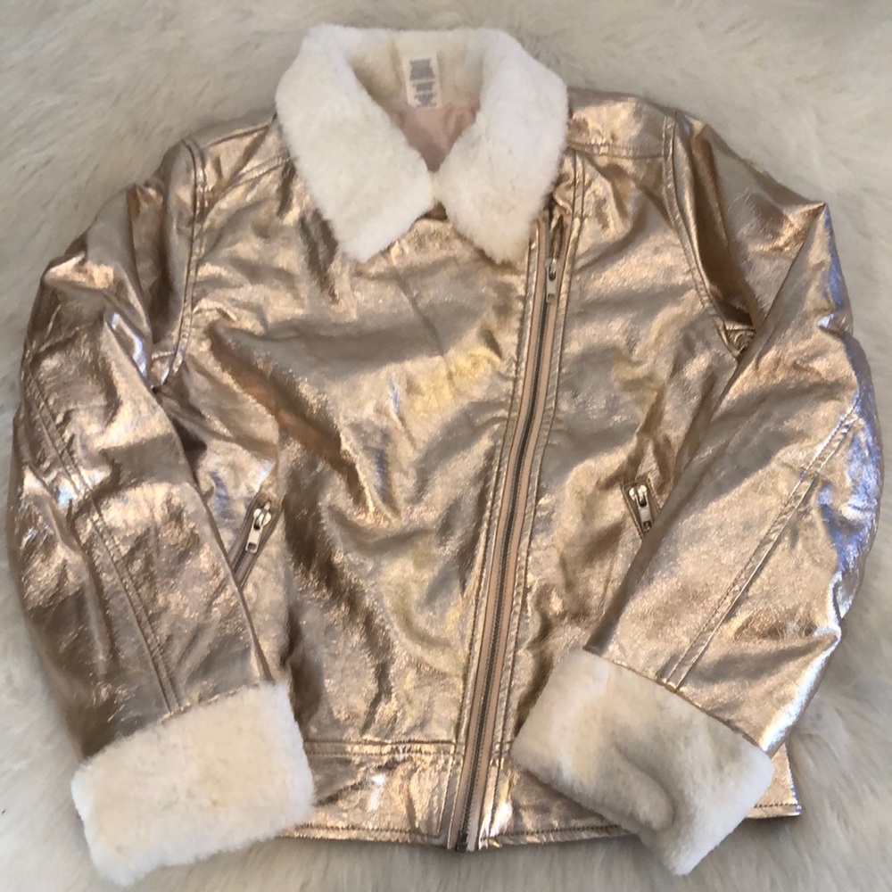 Metallic Rose Gold Moto Jacket with Faux Fur/NWT